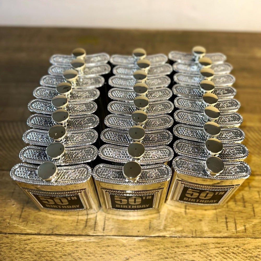 Metal Mini Flask Set Party Favors for 50th Birthday, Silver/Black Decorative